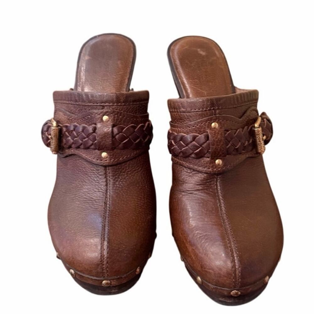 Michael Kors Brown Leather Mules Wooden Heels Women’s Size Braided Detail Size 8